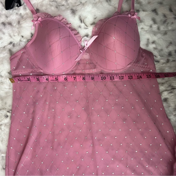 Babydoll sparkly dress pink silver polkadot ribbon bow tie stretchy mesh y2k - Picture 9 of 9